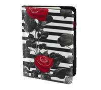 Leather Passport Holder Cover Case Black White Stripes Red Rose Flowers Print Eco-Friendly Genuine Leather Travel Essentials