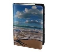 Leather Passport Holder Cover Case Starfish Seashell Sandy Beach Theme Print Eco-Friendly Genuine Leather Travel Essentials