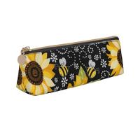Leather Pen and Pencil Sunflower Bees Case, Cute Slim Pen Case, Cute Stationery Bag, Portable Cosmetic Bag, Zipper Bag.
