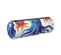 Leather Pen Case with Zipper - Aesthetic Pen Holder Colorful Squid Octopus Pencil Case for Women & Men - Handcrafted Pencil Bag Multi-Functional Travel Cosmetic Case for Work Office Tool Pouch