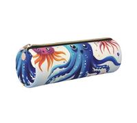 Leather Pen Case with Zipper - Aesthetic Pen Holder Colorful Squid Octopus Pencil Case for Women & Men - Handcrafted Pencil Bag Multi-Functional Travel Cosmetic Case for Work Office Tool Pouch