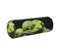 Leather Pen Case with Zipper - Aesthetic Pen Holder cute green tree python Pencil Case for Women & Men - Handcrafted Pencil Bag Multi-Functional Travel Cosmetic Case for Work Office Tool Pouch, Gold