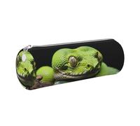 Leather Pen Case with Zipper - Aesthetic Pen Holder cute green tree python Pencil Case for Women & Men - Handcrafted Pencil Bag Multi-Functional Travel Cosmetic Case for Work Office Tool Pouch, Silver