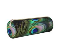 Leather Pen Case with Zipper - Aesthetic Pen Holder Green Peacock Feather Pencil Case for Women & Men - Handcrafted Pencil Bag Multi-Functional Travel Cosmetic Case for Work Office Tool Pouch