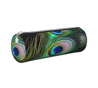 Leather Pen Case with Zipper - Aesthetic Pen Holder Green Peacock Feather Pencil Case for Women & Men - Handcrafted Pencil Bag Multi-Functional Travel Cosmetic Case for Work Office Tool Pouch
