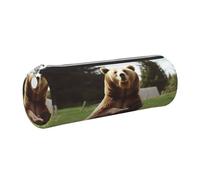 Leather Pen Case with Zipper - Aesthetic Pen Holder Hi Bear Sit on the lawn Pencil Case for Women & Men - Handcrafted Pencil Bag Multi-Functional Travel Cosmetic Case for Work Office Tool Pouch