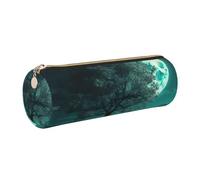 Leather Pen Case with Zipper - Aesthetic Pen Holder Teal Tree in Moonlight Pencil Case for Women & Men - Handcrafted Pencil Bag Multi-Functional Travel Cosmetic Case for Work Office Tool Pouch