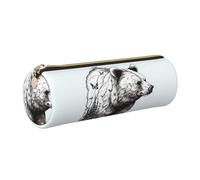 Leather Pen Case with Zipper - Aesthetic Pen Holder Wildlife Hand Drawn Bear Animal Pencil Case for Women & Men - Handcrafted Pencil Bag Multi-Functional Travel Makeup Box for Work Office Tool Pouch