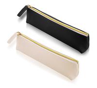 Leather Pen Pencil Case, 2PCS Cute Slim Pen Bag Small Pencil Pouch Lovely Stationery Bag Portable Cosmetic Bag Zipper Bag for Pen Pencils Markers(Black+White)