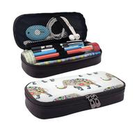 Leather Pencil Case Ancient Colorful Elephants Zipped Compartments Pencil Bag Pen Cases Storage Bag