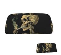 Leather Pencil Case Cute Zipper Pencil Pouch Aesthetic Pen Bag A Skeleton with Burning Cigarette Cosmetic Makeup Bag for Men Women