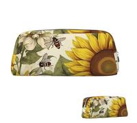 Leather Pencil Case Cute Zipper Pencil Pouch Aesthetic Pen Bag Bees Sunflowers Daisy Rose Flowers Cosmetic Makeup Bag for Men Women