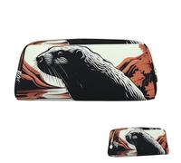 Leather Pencil Case Cute Zipper Pencil Pouch Aesthetic Pen Bag Black Beaver Cosmetic Makeup Bag for Men Women, Gold, One Size