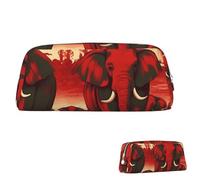 Leather Pencil Case Cute Zipper Pencil Pouch Aesthetic Pen Bag Elephants Red Cosmetic Makeup Bag for Men Women