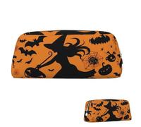 Leather Pencil Case Cute Zipper Pencil Pouch Aesthetic Pen Bag Halloween Witch Flying Cosmetic Makeup Bag for Men Women
