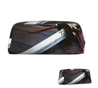 Leather Pencil Case Cute Zipper Pencil Pouch Aesthetic Pen Bag Japan Samurai Sword Cosmetic Makeup Bag for Men Women, Gold, One size