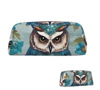 Leather Pencil Case Cute Zipper Pencil Pouch Aesthetic Pen Bag Owl Spring Flowers Turquoise Cosmetic Makeup Bag for Men Women