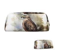 Leather Pencil Case Cute Zipper Pencil Pouch Aesthetic Pen Bag Watercolor of Hawk Sitting in The Tree Cosmetic Makeup Bag for Men Women