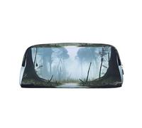 Leather Pencil Case Cute Zipper Pencil Pouch Pen Bag Multifunctional Travel Makeup Cosmetic Bag Swamp Landscape Key Pouch For Women Men Work Office