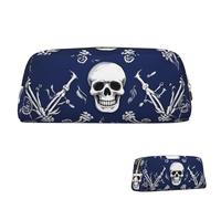 Leather Pencil Case Large Capacity Pencil Pouch Aesthetic Pen Pouch Organizer with Zipper Portable Big Blue Skull and Bones Pen Bag for Women Men