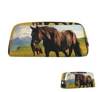 Leather Pencil Case Large Capacity Pencil Pouch Aesthetic Pen Pouch Organizer with Zipper Portable Big Grazing Wild Horses Pen Bag for Women Men
