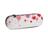 Leather Pencil Case Organizer for Stationery Storage,Red Hearts On White Brick Wall Heat