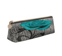 Leather Pencil Case Pencil Bag Teal Gray Rose Flower Print Zippered Pen Pouch for Work Office for Men, Women