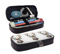 Leather Pencil Case Reindeer with Xmas Leaf Zipped Compartments Pencil Bag Pen Cases Storage Bag