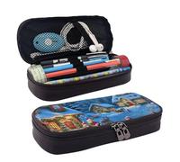 Leather Pencil Case Santa's Village Snow Xmas Tree Zipped Compartments Pencil Bag Pen Cases Storage Bag