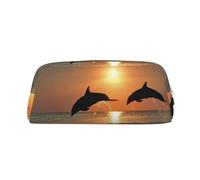 Leather Pencil Case Sunset Dolphin Print Pencil Case Bag Spacious And Stylish Zipper Pencil Pouch Office Use Pencil Bag