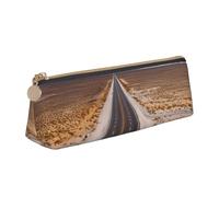 Leather Pencil Case with Zipper - Stylish Leathers Pen Holder Pen Case for Women Men - Leather Pencil Bag Freeway Highway Road in The Desert Pen Pouch for Work, Office & Travel Pencil Pouch Aesthetic