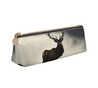 Leather Pencil Case with Zipper - Stylish Leathers Pen Holder Pen Case for Women Men - Leather Pencil Bag Deer on the foggy mountain Pen Pouch for Work, Office & Travel Pencil Pouch Aesthetic