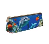 Leather Pencil Case with Zipper - Stylish Leathers Pen Holder Pen Case for Women Men - Leather Pencil Bag Seabed Coral Fish Dolphins Pen Pouch for Work, Office & Travel Pencil Pouch Aesthetic