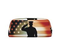 Leather Pencil Case with Zipper Stylish Pen Holder Aesthetic Pen Case for Women Men Leather Pencil Bag Thank You Soldier Saluting America Flag Pen Pouch for Work Office Travel Pencil Pouch Makeup Bag