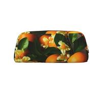 Leather Pencil Case with Zipper Stylish Pen Holder Aesthetic Pen Case for Women Men Leather Pencil Bag Yellow Blossom And Orange Fruits Pen Pouch for Work Office Travel Pencil Pouch Makeup Bag