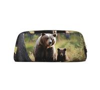 Leather Pencil Case with Zipper Stylish Pen Holder Aesthetic Pen Case for Women Men Leather Pencil Bag Mother brown bears protect cubs Pen Pouch for Work Office Travel Pencil Pouch Makeup Bag