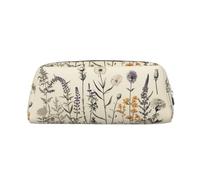 Leather Pencil Case with Zipper Stylish Pen Holder Aesthetic Pen Case for Women Men Leather Pencil Bag Floral Herbs Botanical Engraving Pen Pouch for Work Office Travel Pencil Pouch Makeup Bag