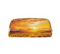 Leather Pencil Case with Zipper Stylish Pen Holder Aesthetic Pen Case for Women Men Leather Pencil Bag Beautiful Sunflower Field Sunset Pen Pouch for Work Office Travel Pencil Pouch Makeup Bag