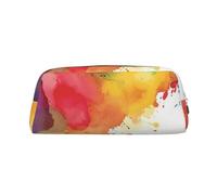 Leather Pencil Case with Zipper Stylish Pen Holder Aesthetic Pen Case for Women Men Leather Pencil Bag Stains of Watercolor Paint Splatters Pen Pouch for Work Office Travel Pencil Pouch Makeup Bag