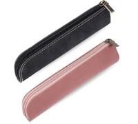 Leather Pencil Pouch, 2 Pcs Slim Pencil Case Portable Small Pencil Pouch Soft Flat Pen Bags with Zipper Simple Makeup Bag Lipstick Case for Women Men Home, Office, Travel Outdoor (Black, Pink)