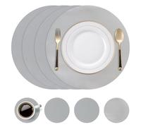 Leather Placemats and Coasters, Round Table Placemats Set of 4, PU Leather Table Mats Non Slip, Washable, Waterproof, Double Sided Tablemats for Dining, Banquet, Party (Gray Silver)