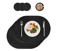 Leather Placemats and Coasters, Washable Round, Place Mats for Kitchen Dining Table, Set of 4 (Oval, Black)