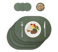 Leather Placemats and Coasters, Washable Round, Place Mats for Kitchen Dining Table, Set of 4 (Oval, Green)