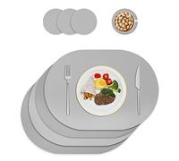 Leather Placemats and Coasters, Washable Round, Place Mats for Kitchen Dining Table, Set of 4 (Oval, Grey)