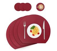 Leather Placemats and Coasters, Washable Round, Place Mats for Kitchen Dining Table, Set of 4 (Semicircle, Wine Red)
