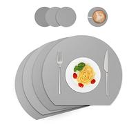 Leather Placemats and Coasters, Washable Round, Place Mats for Kitchen Dining Table, Set of 4 (Semicircle, Grey)