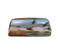 Leather Pouch For Pens, Large Capacity Pencil Case With Gold Zipper, Hunting Flying Wild Ducks Pencil Case, Waterproof Pen Bag For Travel School Office Organizer, Pen Pouch Holder Stationery Organizer