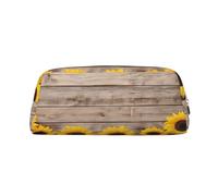 Leather Pouch For Pens, Large Capacity Pencil Case With Gold Zipper, Sunflowers Wooden Board Pencil Case, Waterproof Pen Bag For Travel, School, Office Organizer, Pen Pouch Holder Stationery Organizer