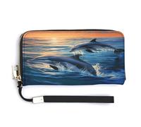 Leather Purse,Dolphins in The Sea Print Womens Wallet,travel Wallet,wrist Strap Long Purse,leather Zip Around Wallet, style-15, 20.0*10.5cm, Modern