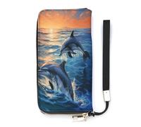 Leather Purse,Dolphins in The Sea Print Womens Wallet,travel Wallet,wrist Strap Long Purse,leather Zip Around Wallet, style, 20x10.5cm, Modern
